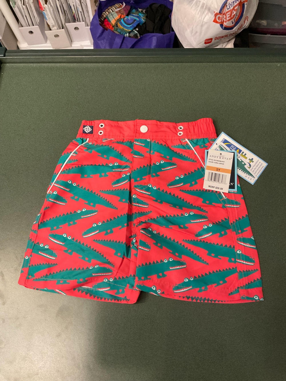 Andy & Evan Red Swim Shorts with Teal Crocodile Print